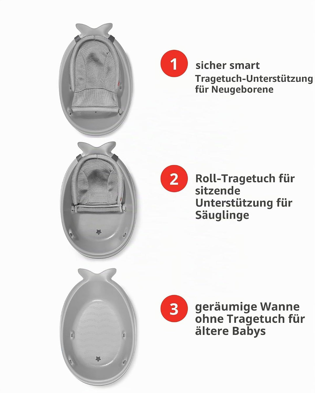 Skip Hop 235060 Moby Wal Badewanne, 3 Stufen, Anti-Rutsch, Bad für Babys, grau, Grau