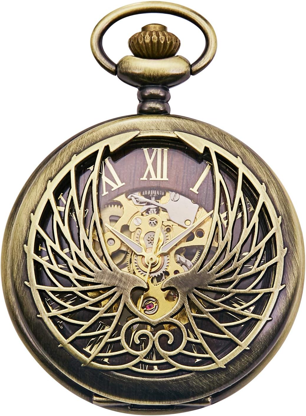 TREEWETO Unisex Taschenuhr mit Kette Analog Handaufzug Adler Skelett R?mische Ziffern Bronze
