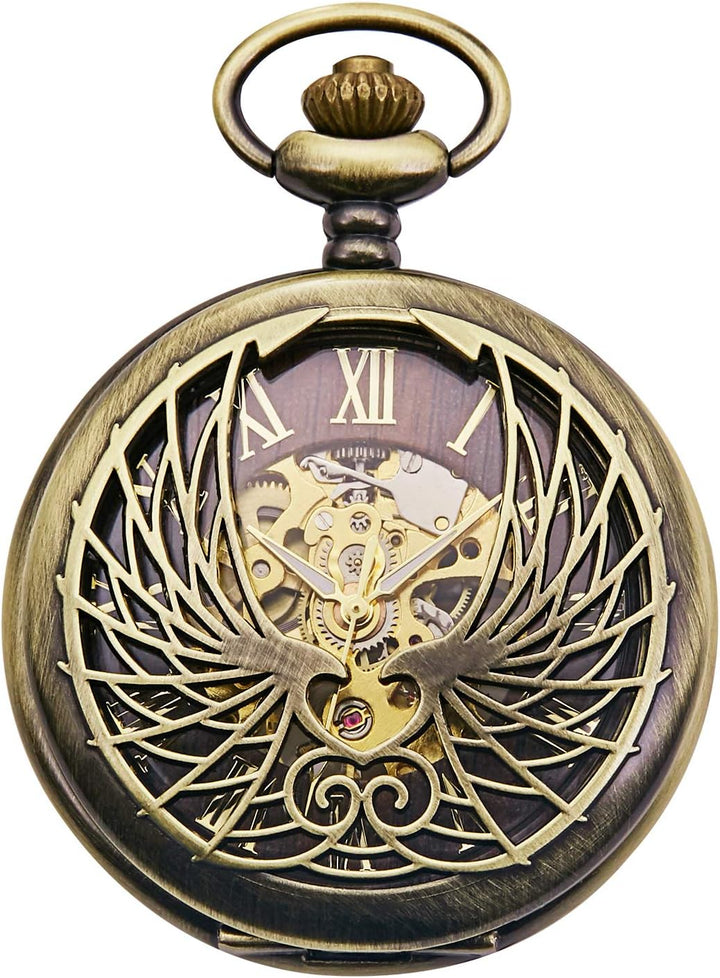 TREEWETO Unisex Taschenuhr mit Kette Analog Handaufzug Adler Skelett R?mische Ziffern Bronze
