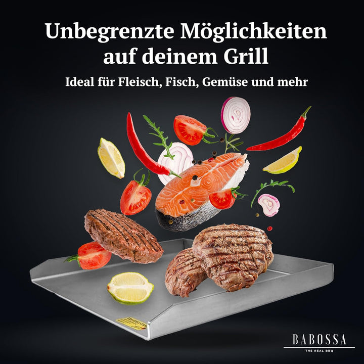 BABOSSA Grill Plancha aus V2A Edelstahl – Erstklassige Verarbeitung & perfekte Hitzeverteilung – kom
