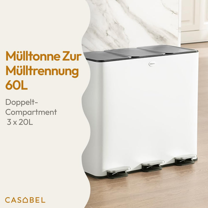 CASABEL Mülleimer Küche 60 L - Mülltrennsystem 3 x 20 L aus Rostfreiem Edelstahl, Rechteckiger Recyc