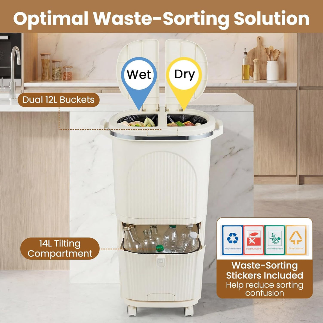 GIANTEX Mülleimer Küche 3 Fächer, Mülltrennsystem mit 2 x 12L Inneneimer & 14L Treteimer, Abfalleime