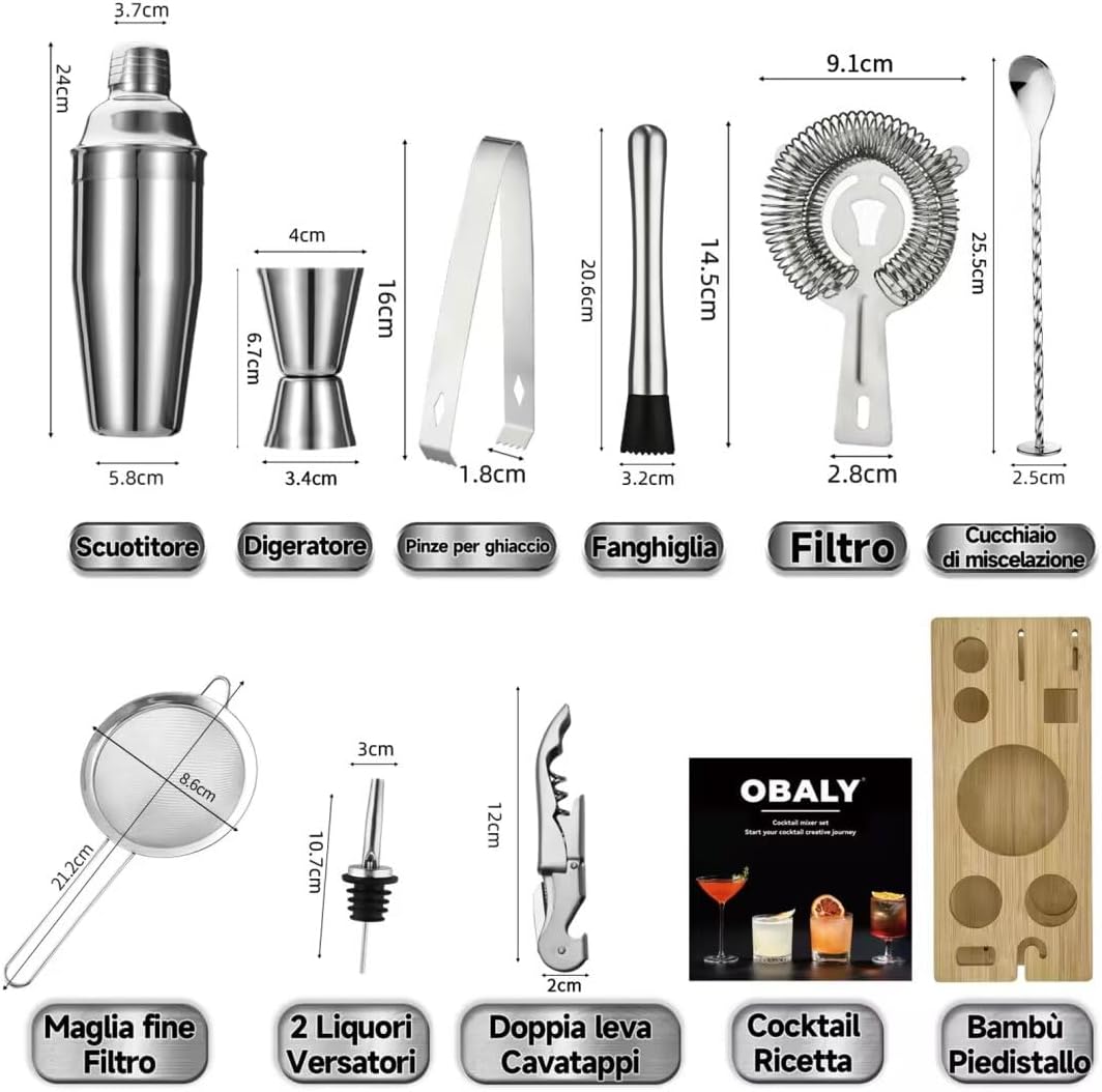 OBALY Bartender Kit 11-Piece Cocktail Shaker-Muddler for Cocktails 25oz Boston Shaker-Bar Accessorie