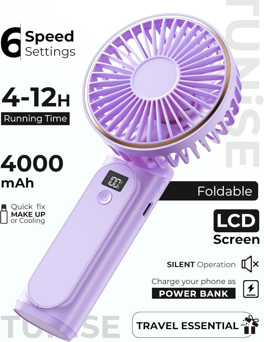 TUNISE Tragbarer Handventilator, Tragbarer Wiederaufladbarer Ventilator, 4000mAh,180° Verstellbar, 6