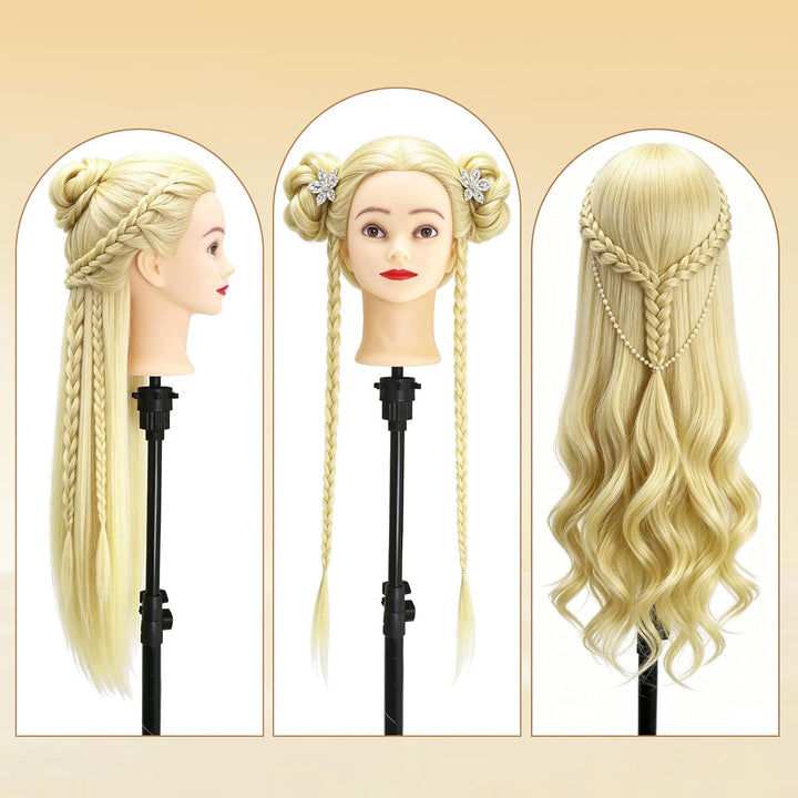 Yofuly 28-29Zoll / 71–74cm Frisierkopf mit Ohrlöchern, 100% Synthetikfaser-Haar Styling Kopf, Frisie