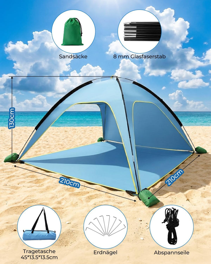MYMULIKE Strandzelt UV50+ Sonnenschutz, 210x210x130cm 4-6 Personen, 190T Polyester mit 8mm Fiberglas