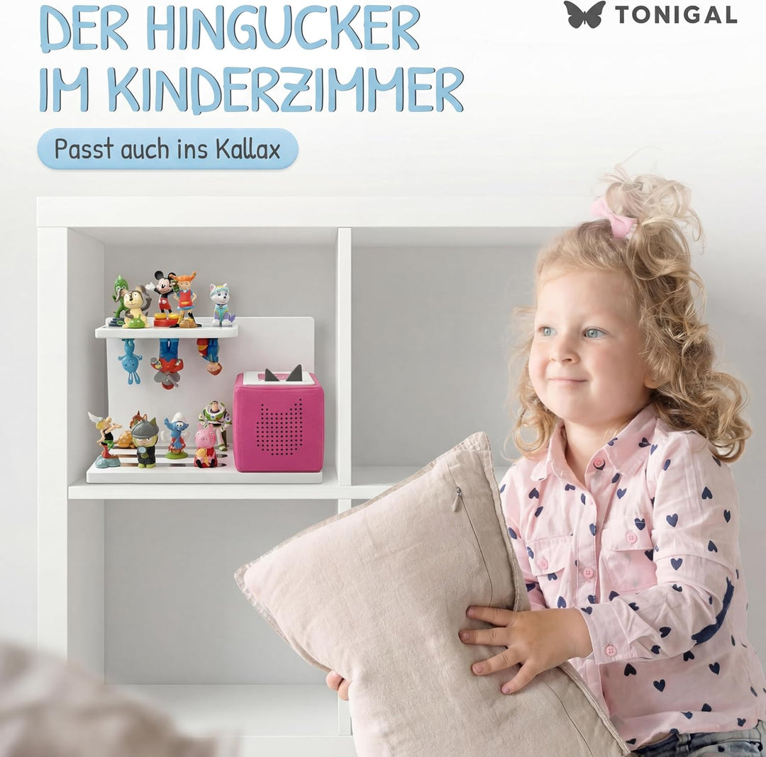 Tonie Regal Weiss zum Hinstellen stehend für bis zu 40 Tonie Figuren, Toniebox &amp; Ladestation I passe