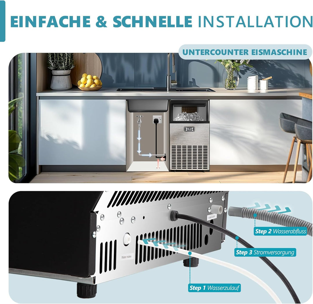 EUHOMY Gewerbliche Eiswürfelmaschine, 45 kg/24 Std. Edelstahl Untertisch-Eismaschine mit 15 kg Eisla