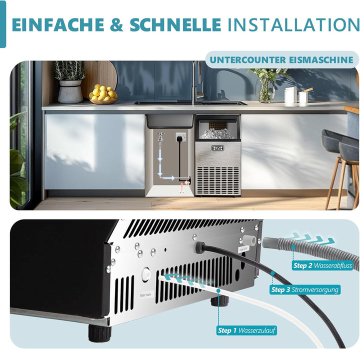 EUHOMY Gewerbliche Eiswürfelmaschine, 45 kg/24 Std. Edelstahl Untertisch-Eismaschine mit 15 kg Eisla
