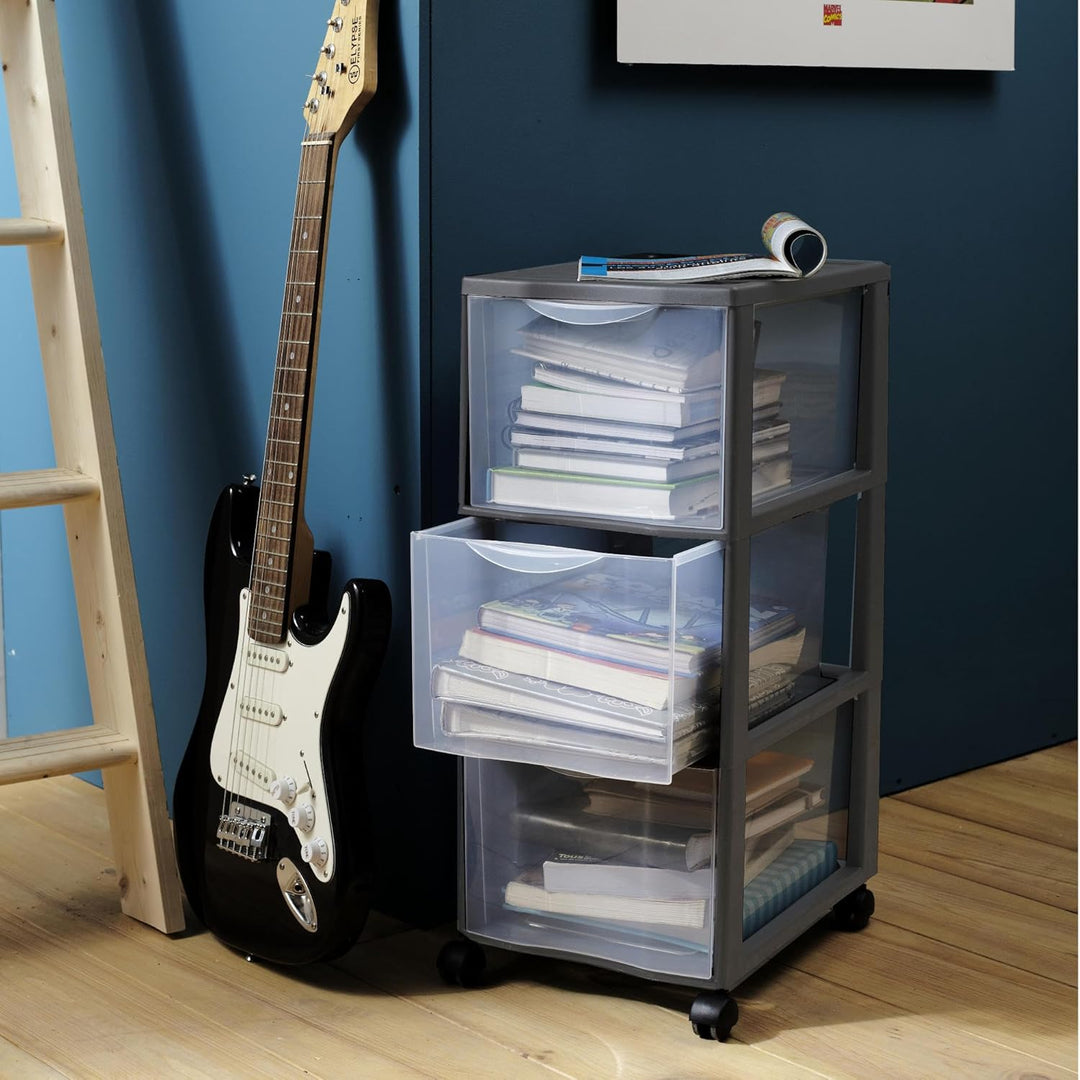 SUNDIS Orgamix, schubladenbox aus Kunststoff mit Rädern, 3 grosse transparente Schubladen im A4-Form