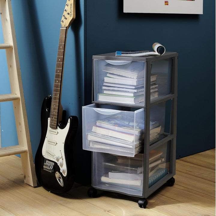 SUNDIS Orgamix, schubladenbox aus Kunststoff mit Rädern, 3 grosse transparente Schubladen im A4-Form
