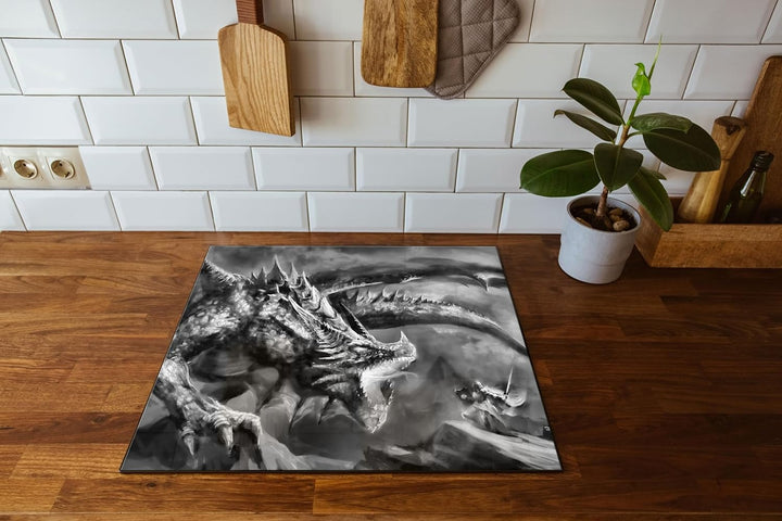 Kampf zwischen Mensch und Drache Herdabdeckplatte & Spritzschutz aus Echtglas | Für Herd-Kochfelder