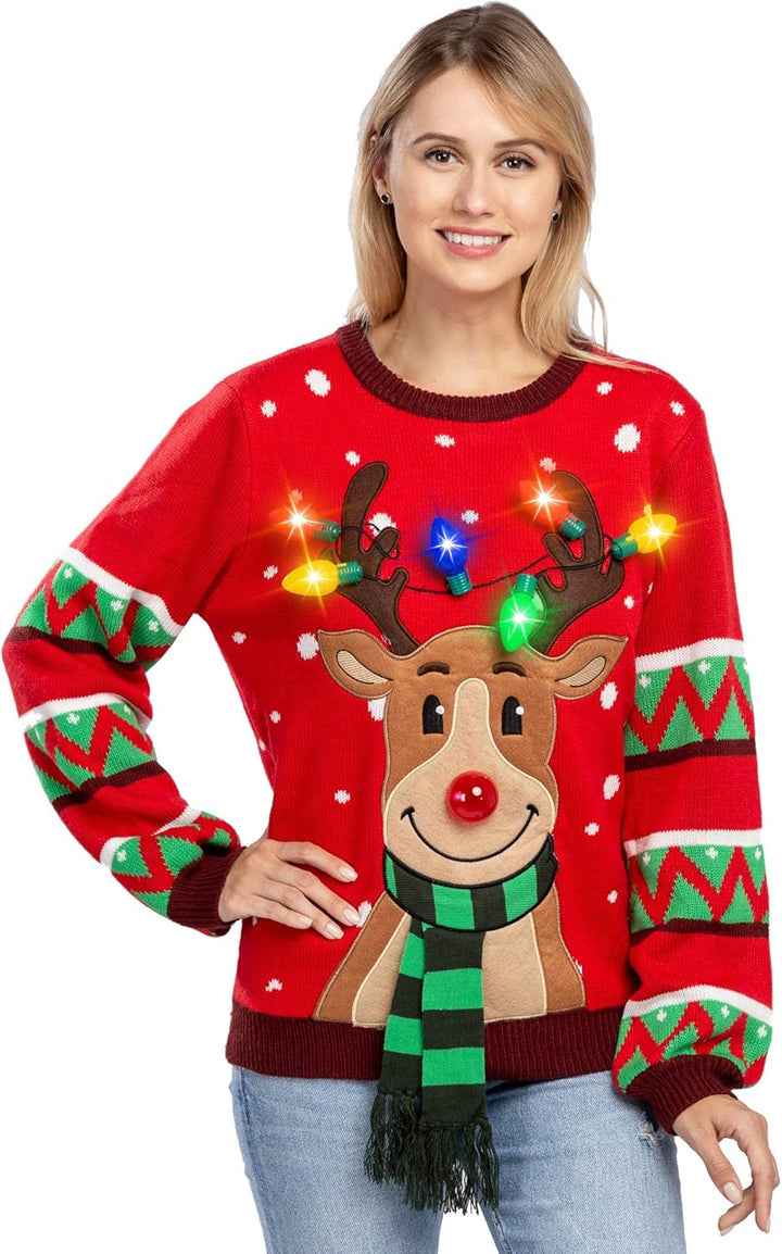 JOYIN Damen LED Beleuchtete Rentier Hässliche Weihnachtspullover Damen mit Integrierten Leuchtmittel