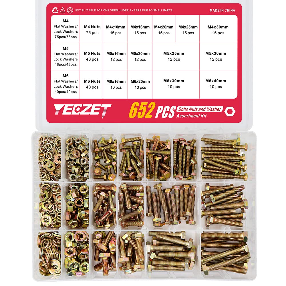 YEEZET 652 Stück Schrauben M4 M5 M6 verzinkt 8.8 Sechskantschrauben,Unterlegscheiben, Federringe und