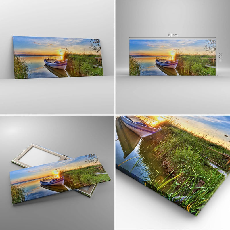 Wandbilder Dekoration Wohnzimmer See Boot Wasser Panorama Bilder auf Leinwand 120x50cm Leinwandbild