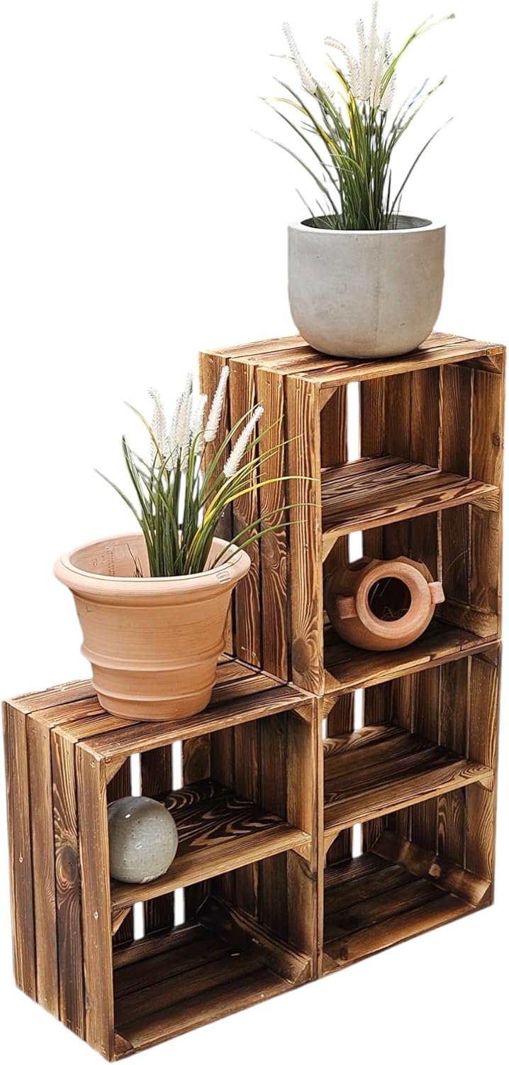 Teramico Flambierte Holzkisten als Bücherregal/Regalkisten 50 x 40 x 30cm mit Ablagefach/Mittelbrett