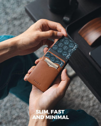 VULKIT Kreditkartenetui Minimalistische Slim Pop Up Geldbörse mit Lederschlitzen RFID-Blockierung fü