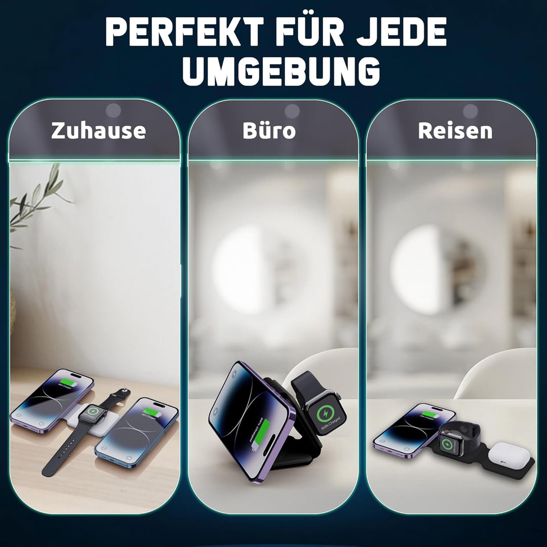 Mag-Safe Ladestation ANFIL® - Faltbare Kabelloses Apple Ladegerät 3-in-1, 15W - Folding Wireless Cha