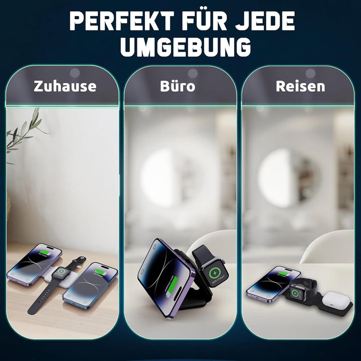 Mag-Safe Ladestation ANFIL® - Faltbare Kabelloses Apple Ladegerät 3-in-1, 15W - Folding Wireless Cha