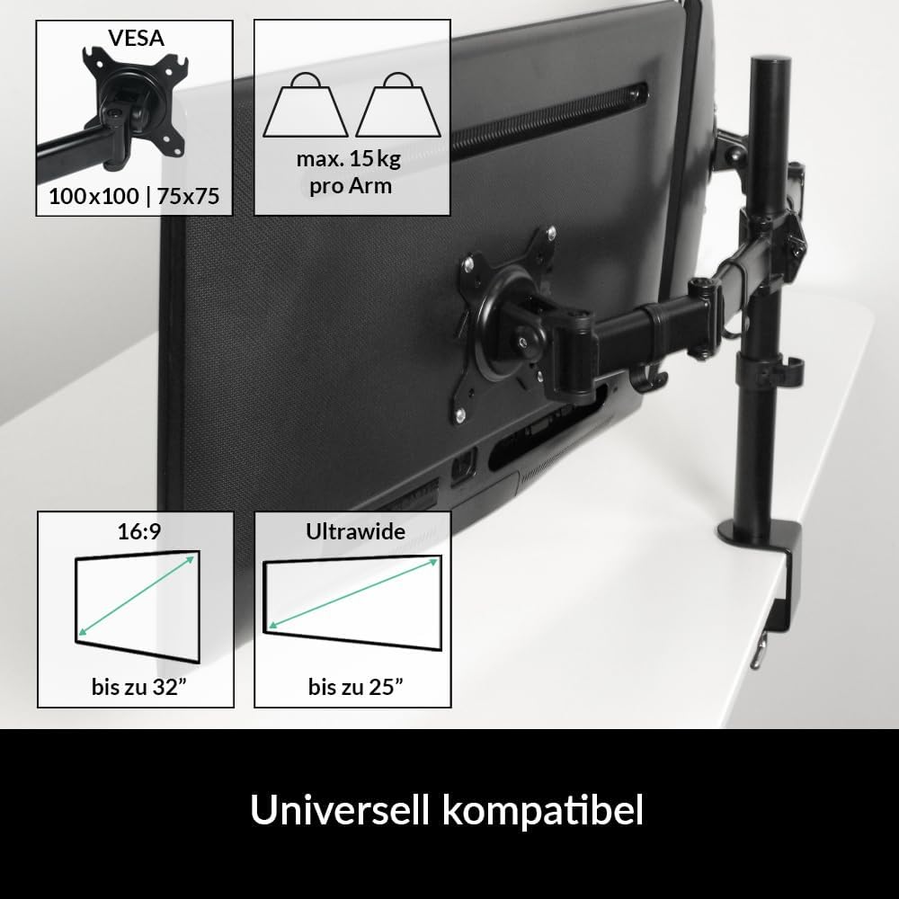 ARCTIC Z2 Basic - Monitor Halterung für 2 Monitore, Flexibler Monitor Arm, bis zu 28″/25″ Ultrawide,