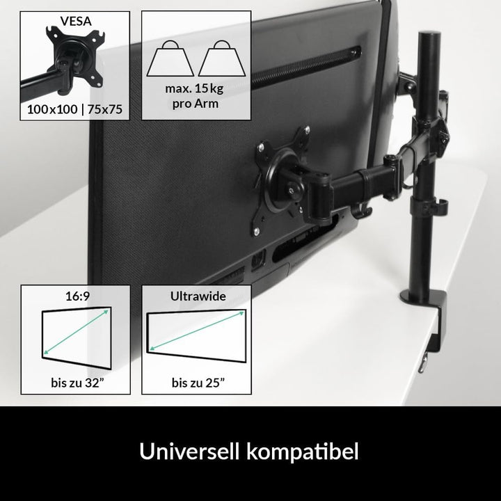 ARCTIC Z2 Basic - Monitor Halterung für 2 Monitore, Flexibler Monitor Arm, bis zu 28″/25″ Ultrawide,