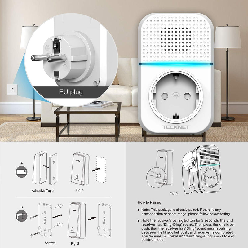 TECKNET Türklingel Batterielose, IP65 Wasserdicht Steckdosen-Funkklingel 400m Funk Türklingel Drahtl