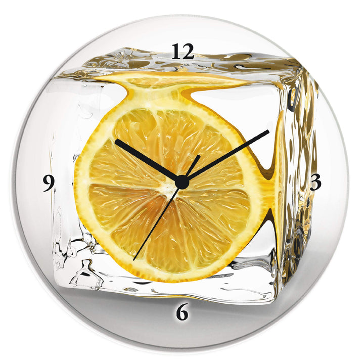 ARTLAND Wanduhr ohne Tickgeräusche Glas Quarzuhr Ø 30 cm Rund Lautlos Obst Früchte Zitrone im Eiswür