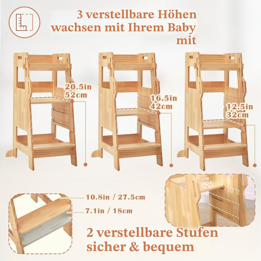 FUNLIO Lernturm ab 2 Jahre mit Sicherheitsnetz, Kinderküchen-Tritthocker, 3-stufig Verstellbarer Tri