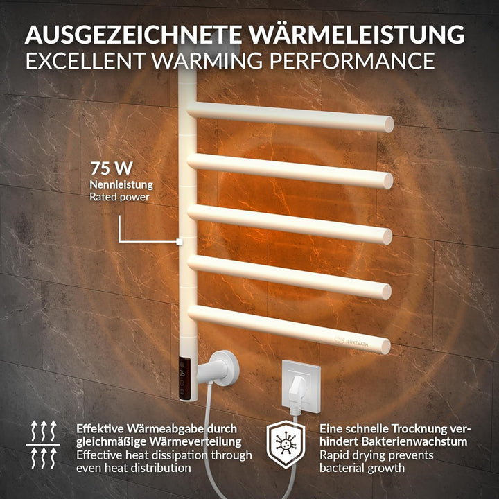 LuxeBath Handtuchwärmer Elektrisch mit 5 schwenkbaren Armen & Timerfunktion, Handtuchheizkörper Weis