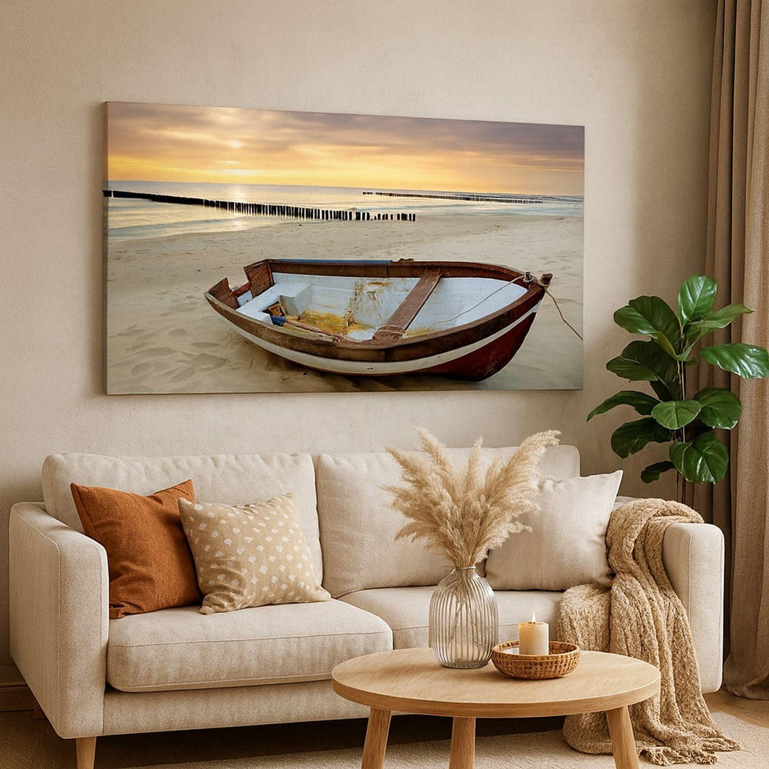 Wandbilder Dekoration Wohnzimmer Strand Boot Ostsee Sommer Panorama Bilder auf Leinwand 120x50cm Lei