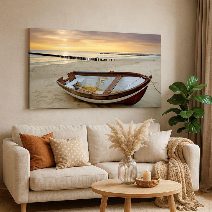 Wandbilder Dekoration Wohnzimmer Strand Boot Ostsee Sommer Panorama Bilder auf Leinwand 120x50cm Lei