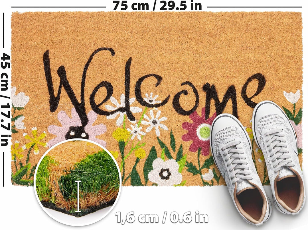 BRUBAKER Fussmatte für Aussen und Innen - Welcome mit Blumenwiese - 45 x 75 cm Schmutzfangmatte aus