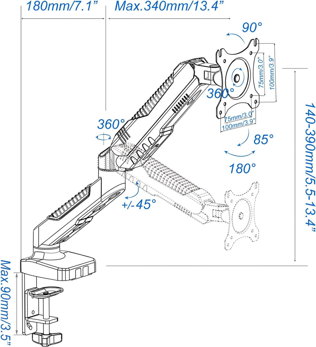 HFTEK Monitor Halter Tischhalterung für Bildschirme 15 bis 34 Zoll (6,5 kg) mit VESA 75/100 (HF12GMC