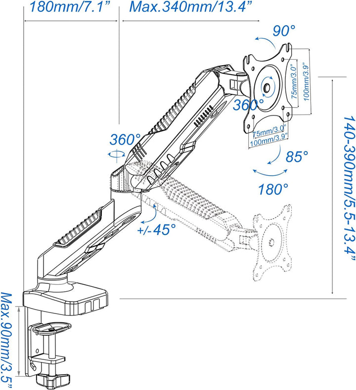 HFTEK Monitor Halter Tischhalterung für Bildschirme 15 bis 34 Zoll (6,5 kg) mit VESA 75/100 (HF12GMC