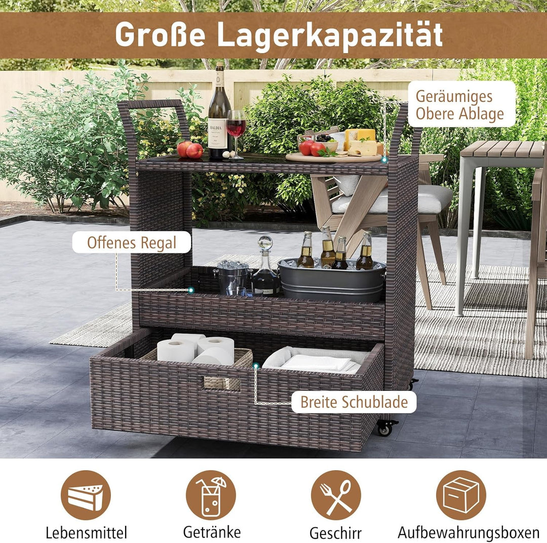 COSTWAY Grillwagen Outdoor, Rattan Servierwagen mit gehärteter Glasplatte, offenes Ablagefach & Schu