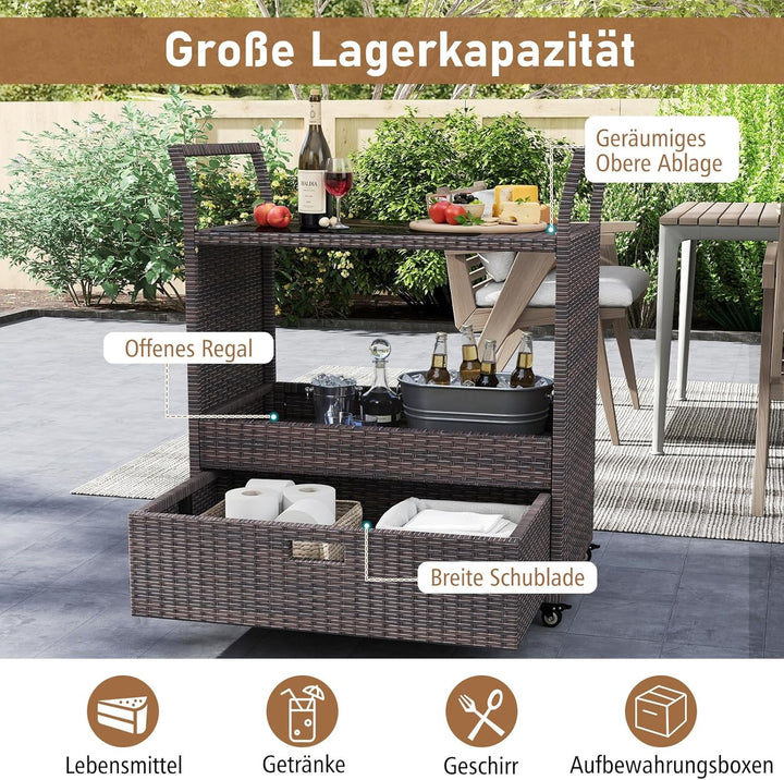 COSTWAY Grillwagen Outdoor, Rattan Servierwagen mit gehärteter Glasplatte, offenes Ablagefach & Schu