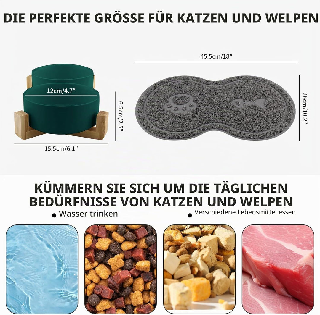 Katzennapf, 2 Stück Keramik Futternapf Katze Set, 3-in-1 rutschfeste Katzennäpfe mit Holzstände und