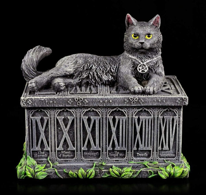Tarotkarten Schatulle mit schwarzer Katze | Tarot Box Dose Aufbewahrung Schale Gothic Fantasy Figur