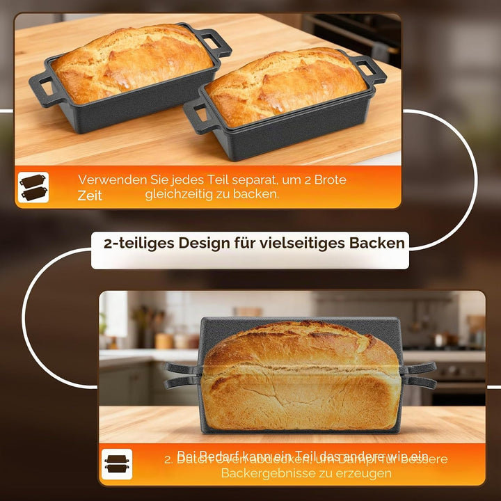 Brotbackform aus Gusseisen – 32cm Gusseisen Topf Brot backen mit Deckel, rechteckiger Brotbacktopf,