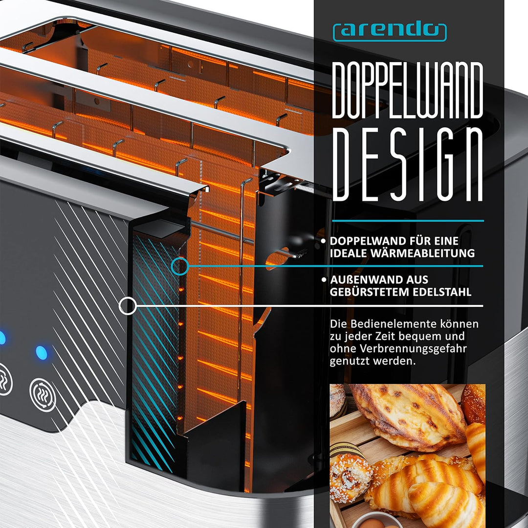 Arendo - Toaster 2 Scheiben Edelstahl - Touchdisplay – mit Brötchenaufsatz - extra breite Schlitze –