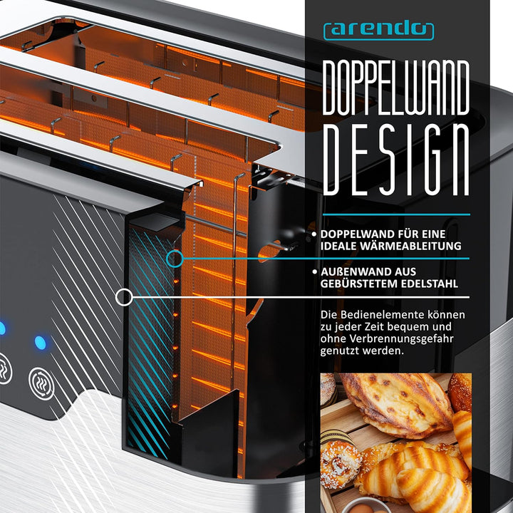 Arendo - Toaster 2 Scheiben Edelstahl - Touchdisplay – mit Brötchenaufsatz - extra breite Schlitze –