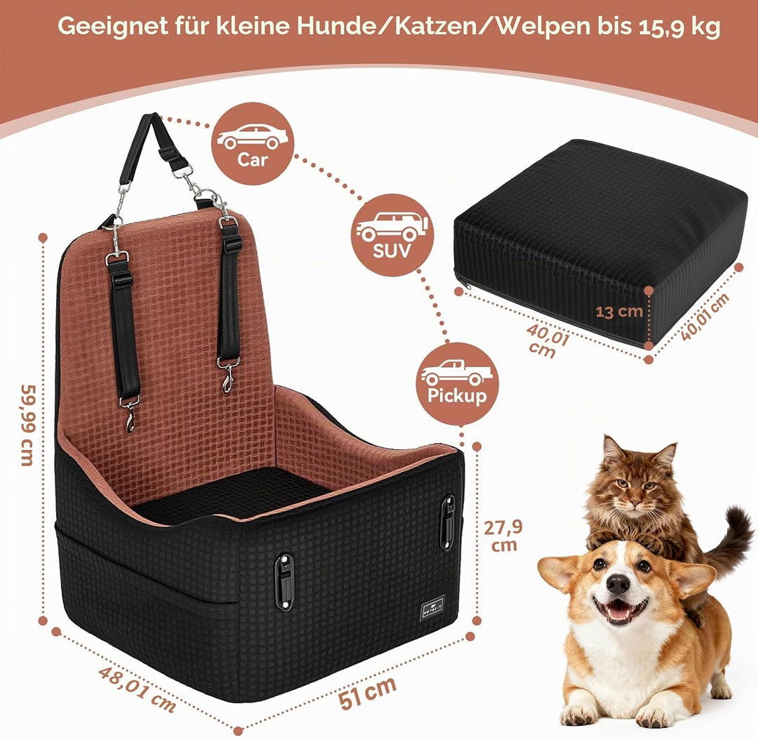 PETSFIT Autositz für kleine/mittelgrosse Hunde bis 15 kg – Patentiertes Sicherheitssystem, 15cm Erhö