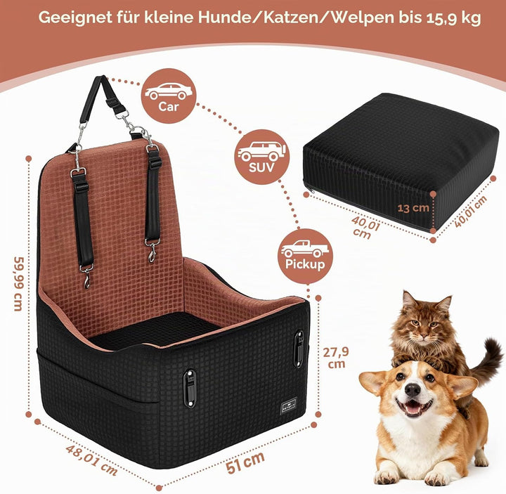 PETSFIT Autositz für kleine/mittelgrosse Hunde bis 15 kg – Patentiertes Sicherheitssystem, 15cm Erhö