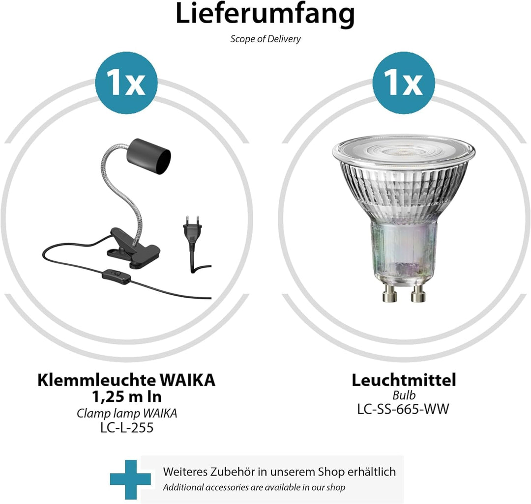 ledscom.de Klemmleuchte WAIKA Schwanenhals und Schalter schwarz matt + GU10 LED, PAR16, warmweiss, 6