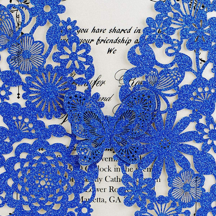 Hosmsua 20x Blau Glitzer Laserschnitt Spitze Flora Hochzeit Einladungskarten mit Schmetterling und U