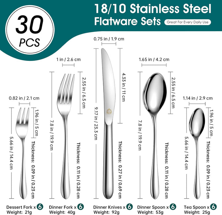 vancasso Besteck Set 6 Personen,30-Teilig Silberbesteck mit 6x Messer/6x Gabel/6x Löffel/6x Dessertl