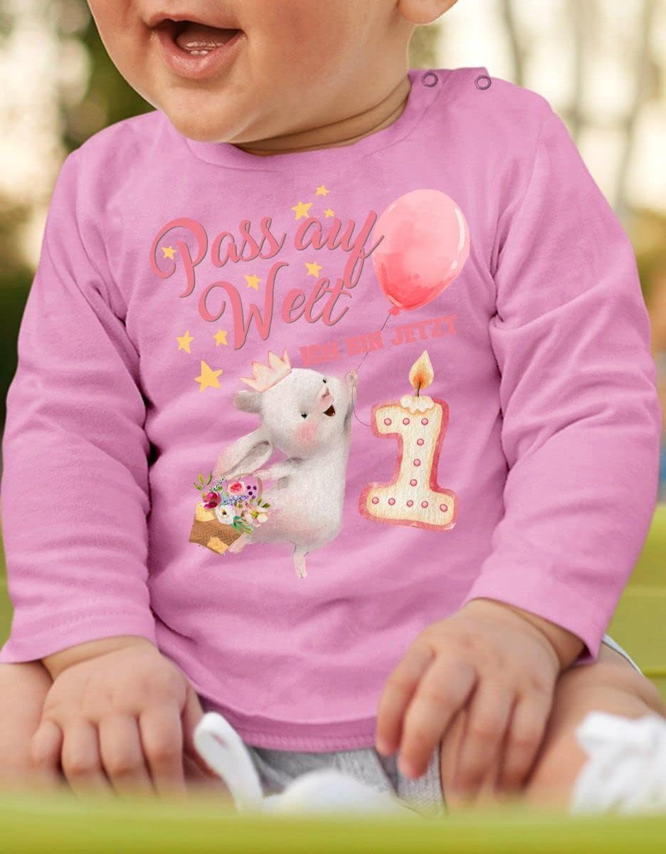 miKalino Baby/Kinder Longsleeve mit Spruch Pass auf Welt Ich Bin jetzt Eins 1 Hase mit Herzluftballo