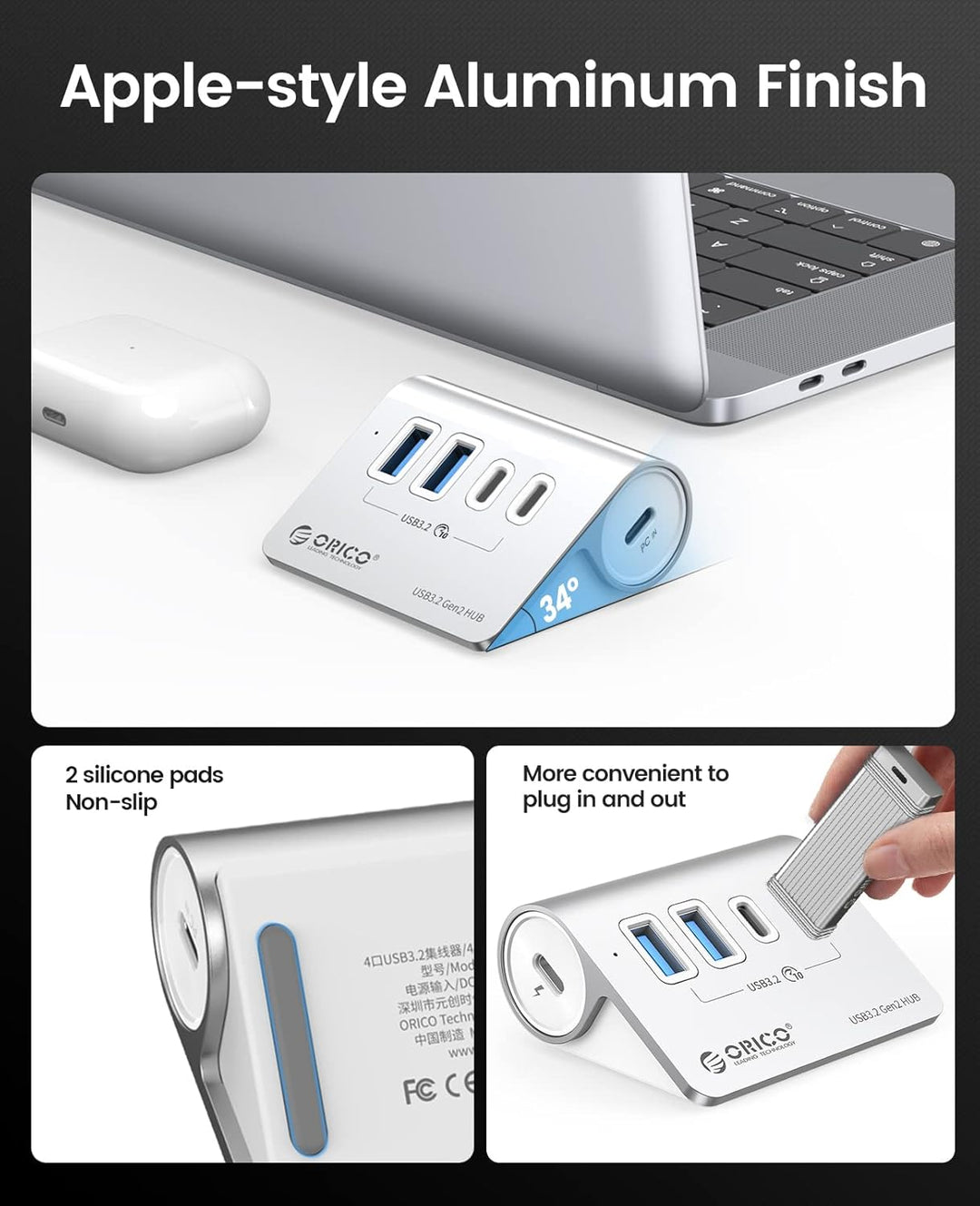 ORICO USB Hub, USB 3.2 Gen 1 Verteiler mit 2 USB-A Port und 2 USB-C Port, Aliuminum USB Splitter mit