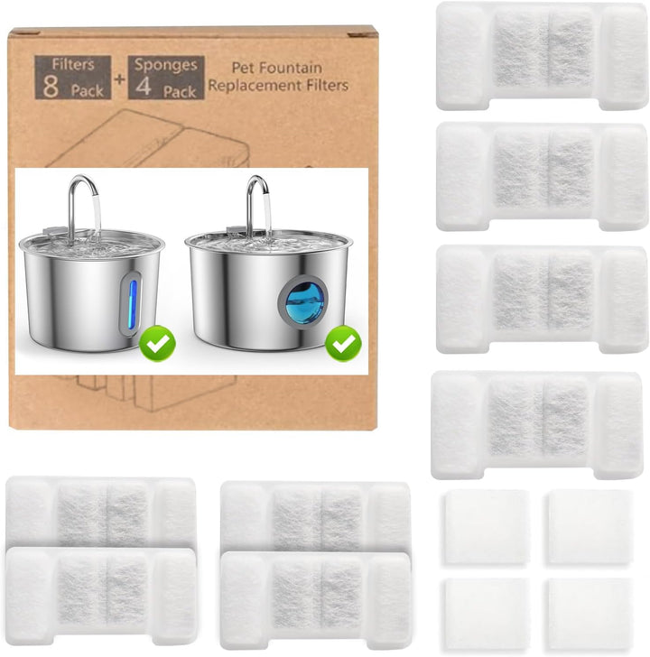Ersatzfilter & Schwämme für 2.2L 3.2L Edelstahl Katze Wasserbrunnen, 8 Filter + 4 Schwämme Kit, vier