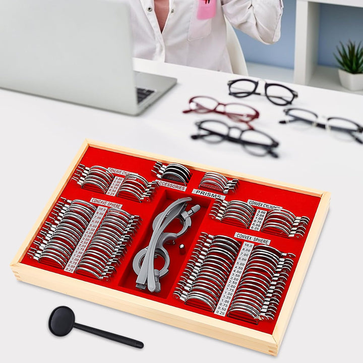 104tlg Optisches Testlinsen-Set, Optischer Trial Frame mit Metallfelge Optometrie-Rahmenoptik,Linsen